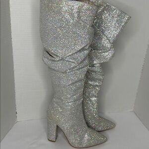 Cape Robbin Glittery Pointed Toe With A 4” Chunky Heel Knee High Boots Size 5.5